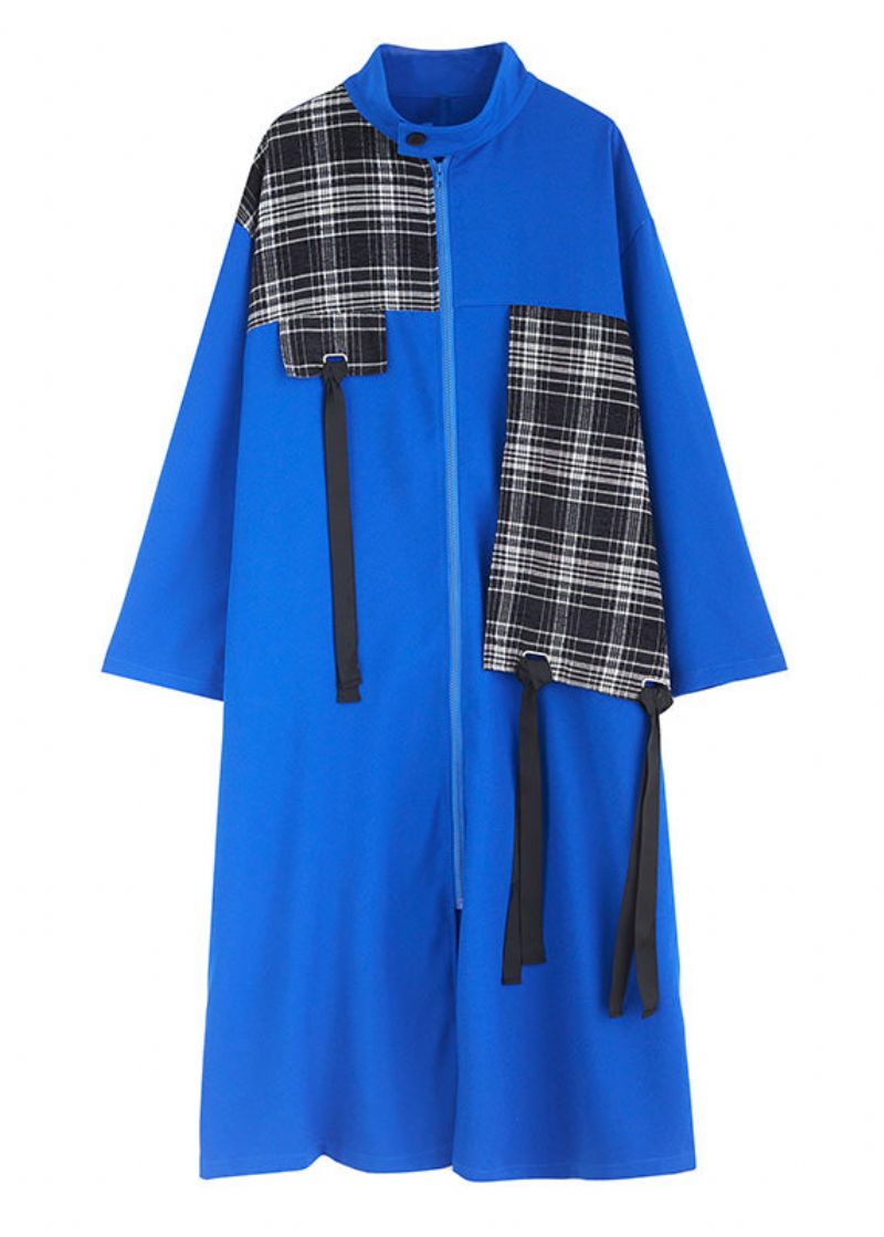 Franse Blauwe Peter Pan Kraag Geruite Patchwork Lange Trenchcoats Met Ritssluiting Lente - Blauw