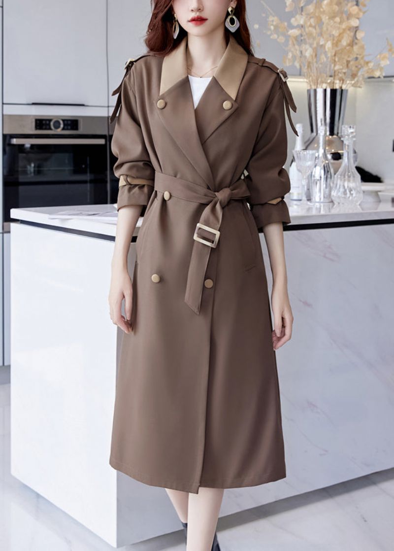 Franse Bruine Katoenen Lange Trenchcoat Met Knoopsluiting In De Taille Herfst