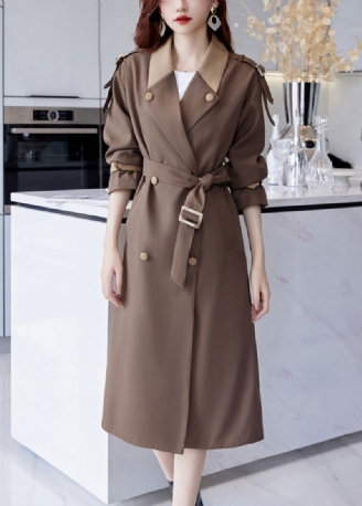 Franse Bruine Katoenen Lange Trenchcoat Met Knoopsluiting In De Taille Herfst