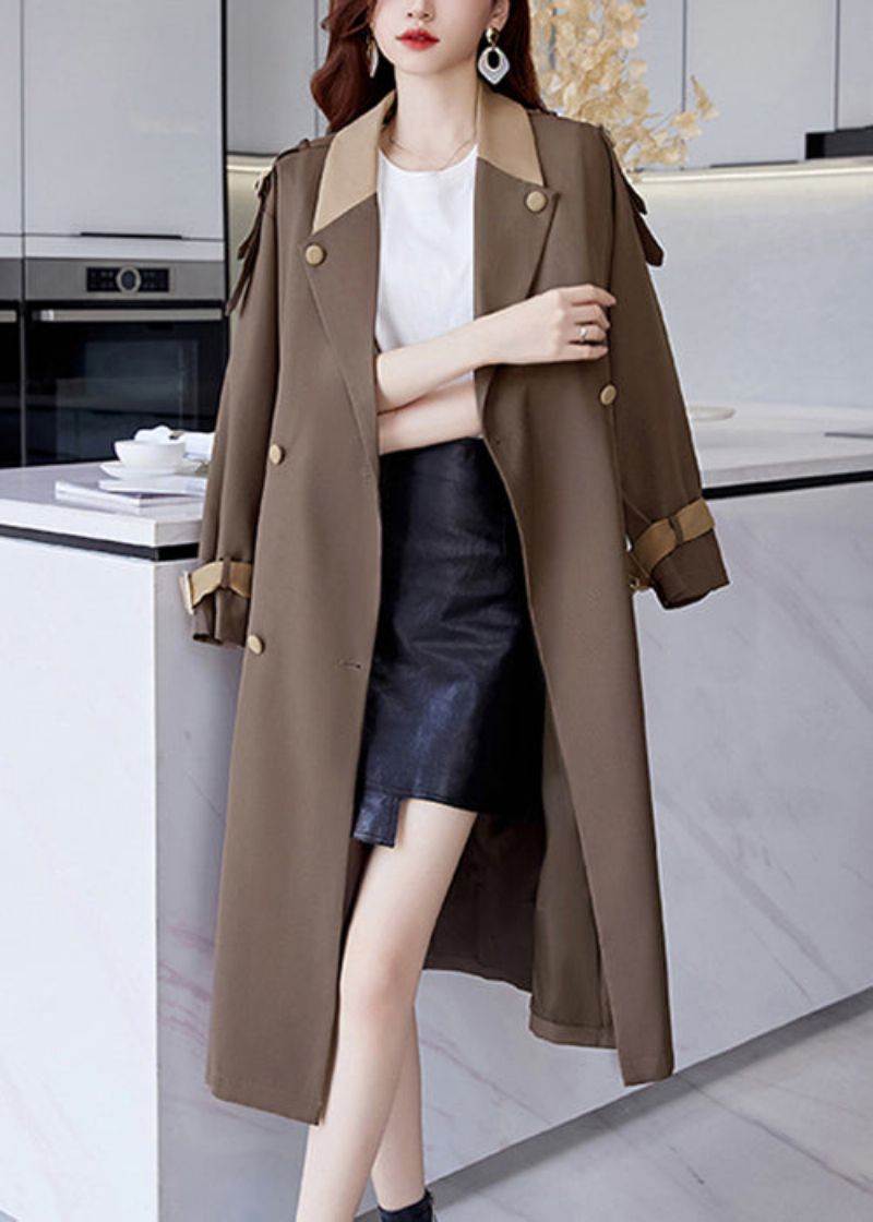 Franse Bruine Katoenen Lange Trenchcoat Met Knoopsluiting In De Taille Herfst - Dames trenchcoats