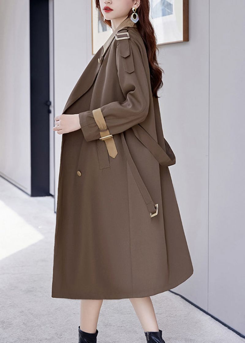 Franse Bruine Katoenen Lange Trenchcoat Met Knoopsluiting In De Taille Herfst - Dames trenchcoats