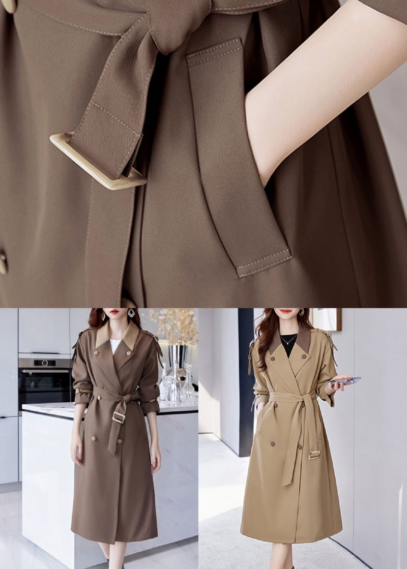 Franse Bruine Katoenen Lange Trenchcoat Met Knoopsluiting In De Taille Herfst - Dames trenchcoats