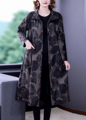 Franse Donkergrijze Print Zakken Patchwork Katoen Lange Trenchcoat Herfst