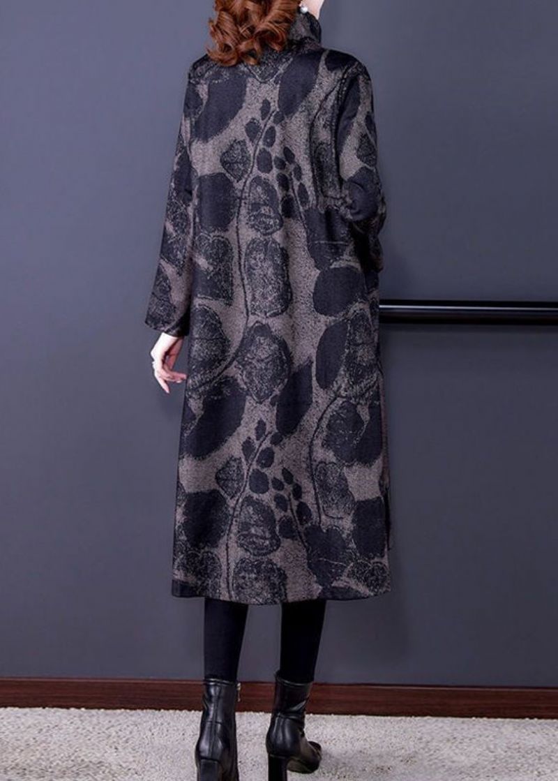 Franse Donkergrijze Print Zakken Patchwork Katoen Lange Trenchcoat Herfst - Dames trenchcoats