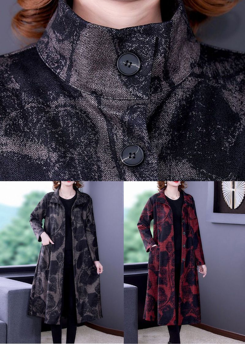 Franse Donkergrijze Print Zakken Patchwork Katoen Lange Trenchcoat Herfst - Dames trenchcoats