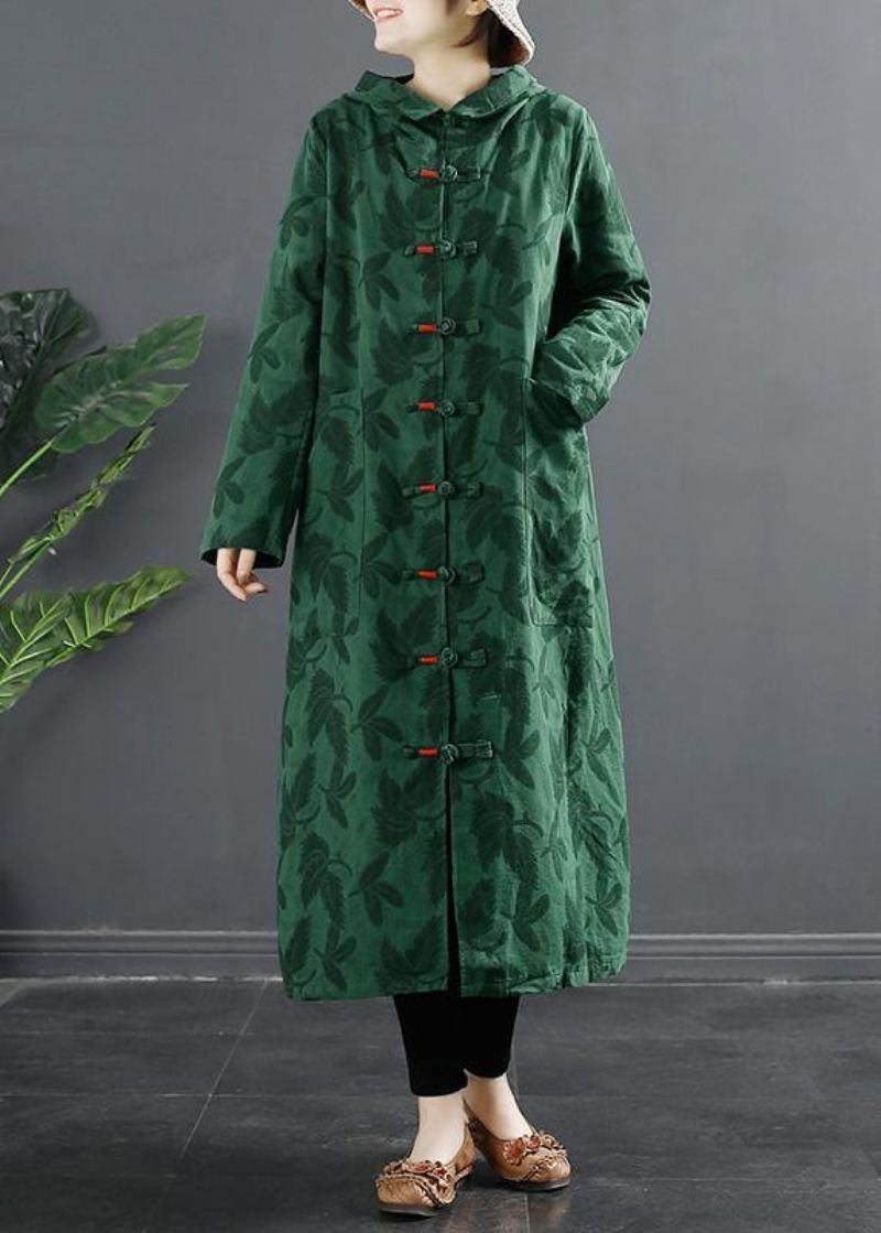 Franse Groene Jacquard Chinese Knoopjurken Met Capuchon