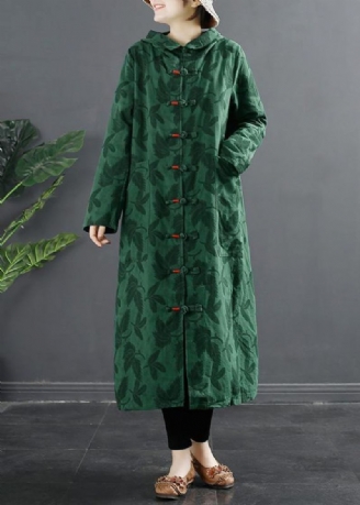 Franse Groene Jacquard Chinese Knoopjurken Met Capuchon