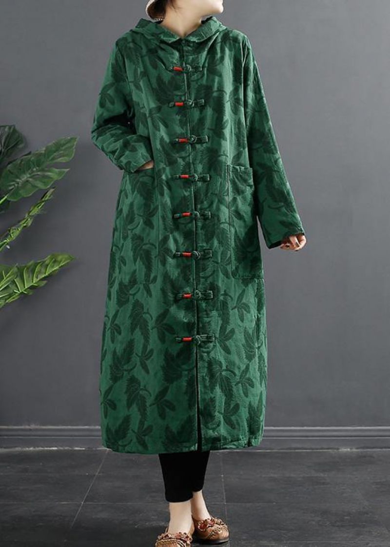 Franse Groene Jacquard Chinese Knoopjurken Met Capuchon - Groen