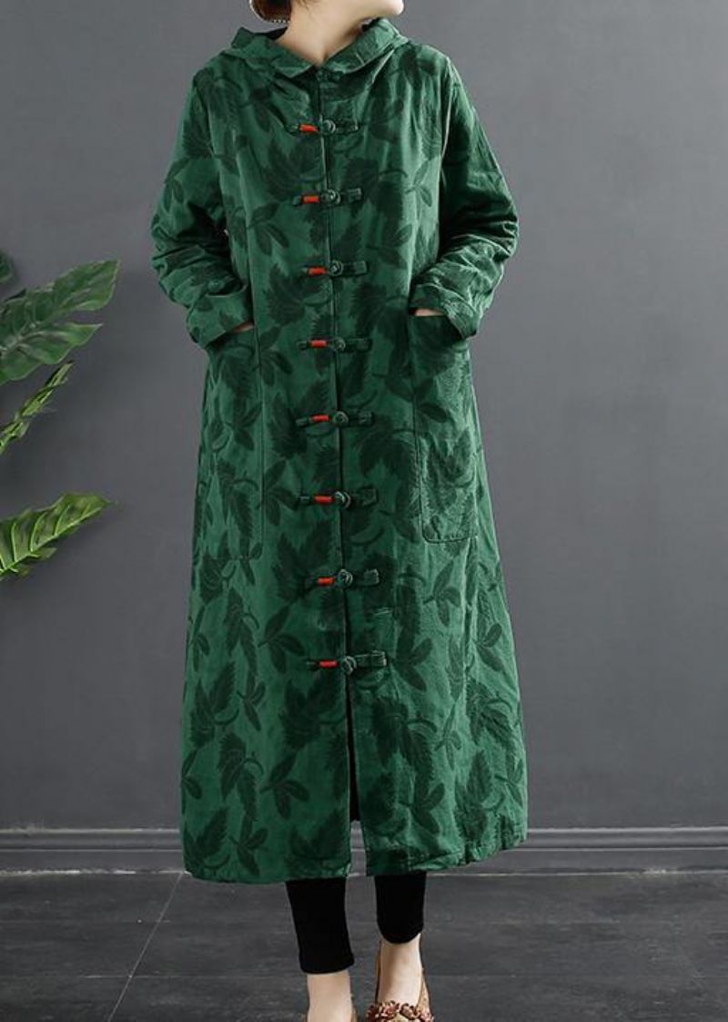 Franse Groene Jacquard Chinese Knoopjurken Met Capuchon - Groen