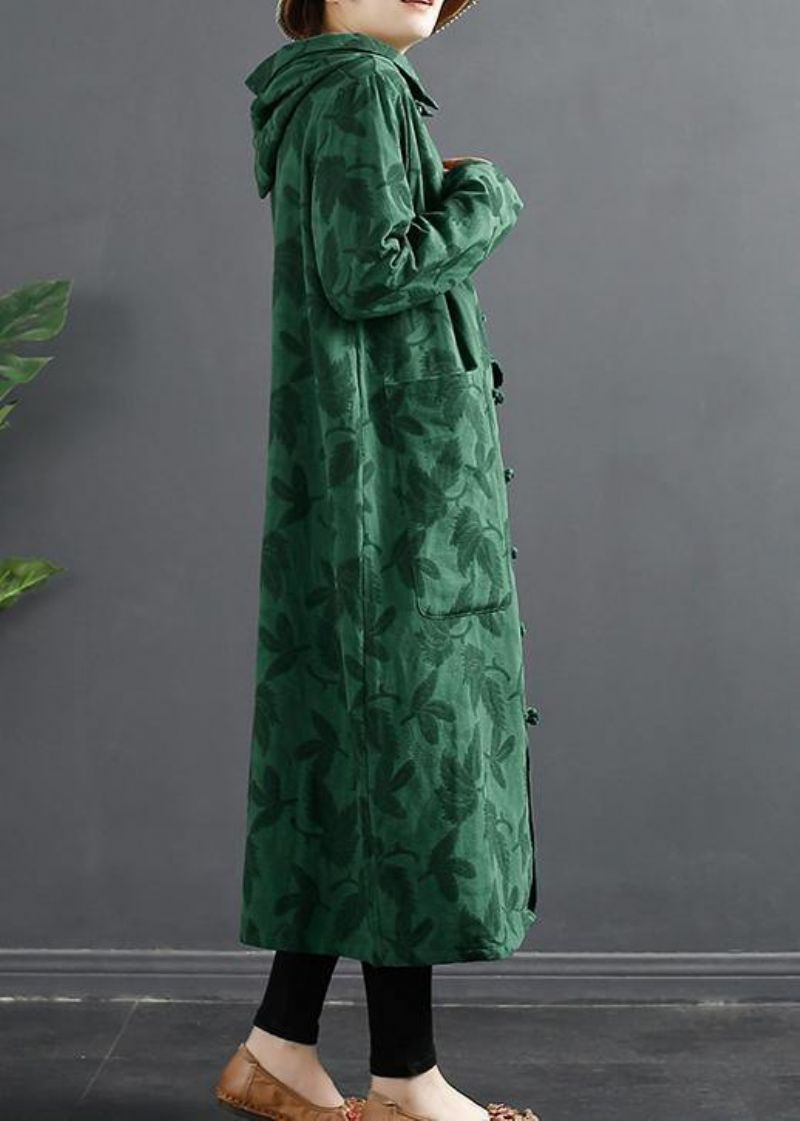 Franse Groene Jacquard Chinese Knoopjurken Met Capuchon - Groen