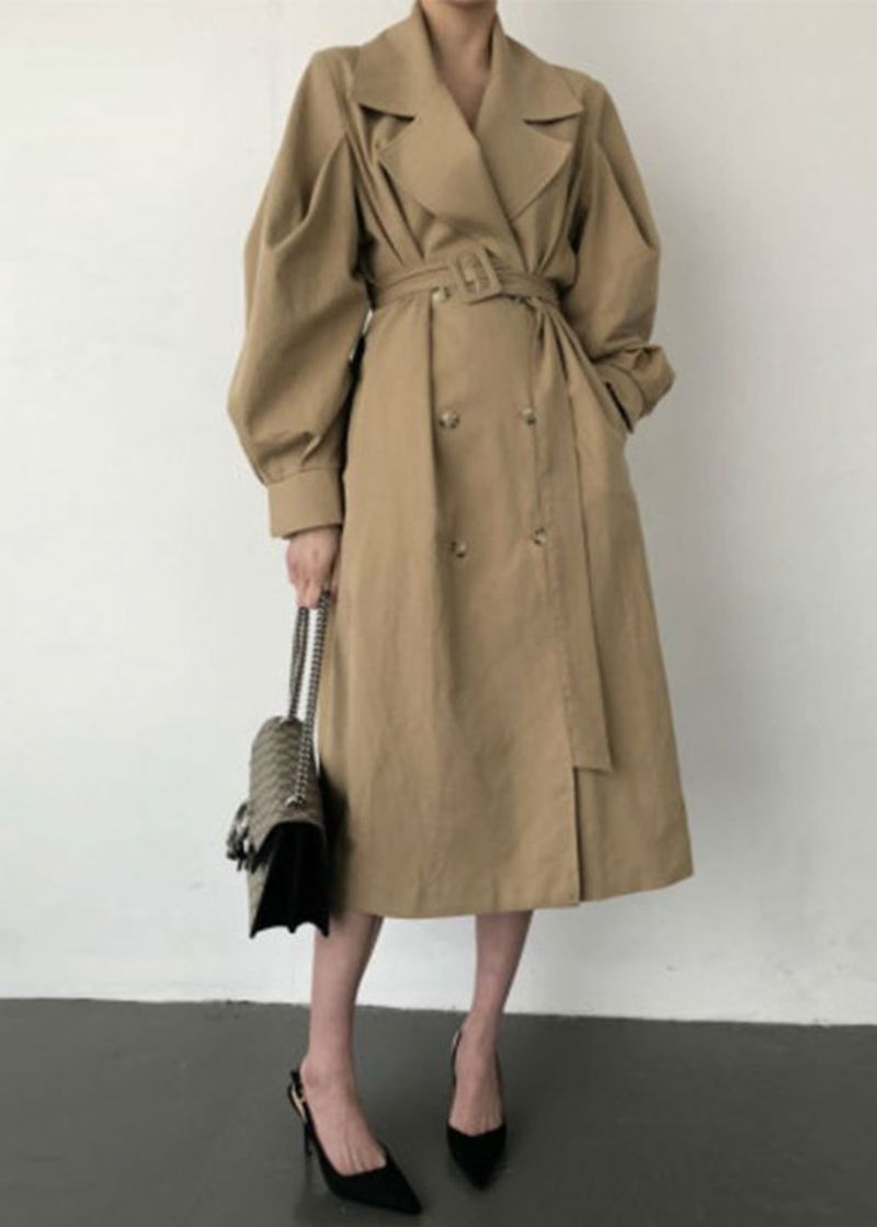 Franse Kaki Oversized Katoenen Trenchcoats Met Dubbele Rij Knopen Lente