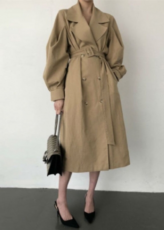 Franse Kaki Oversized Katoenen Trenchcoats Met Dubbele Rij Knopen Lente