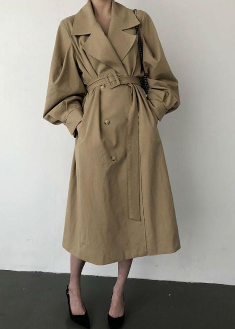 Franse Kaki Oversized Katoenen Trenchcoats Met Dubbele Rij Knopen Lente - Dames trenchcoats