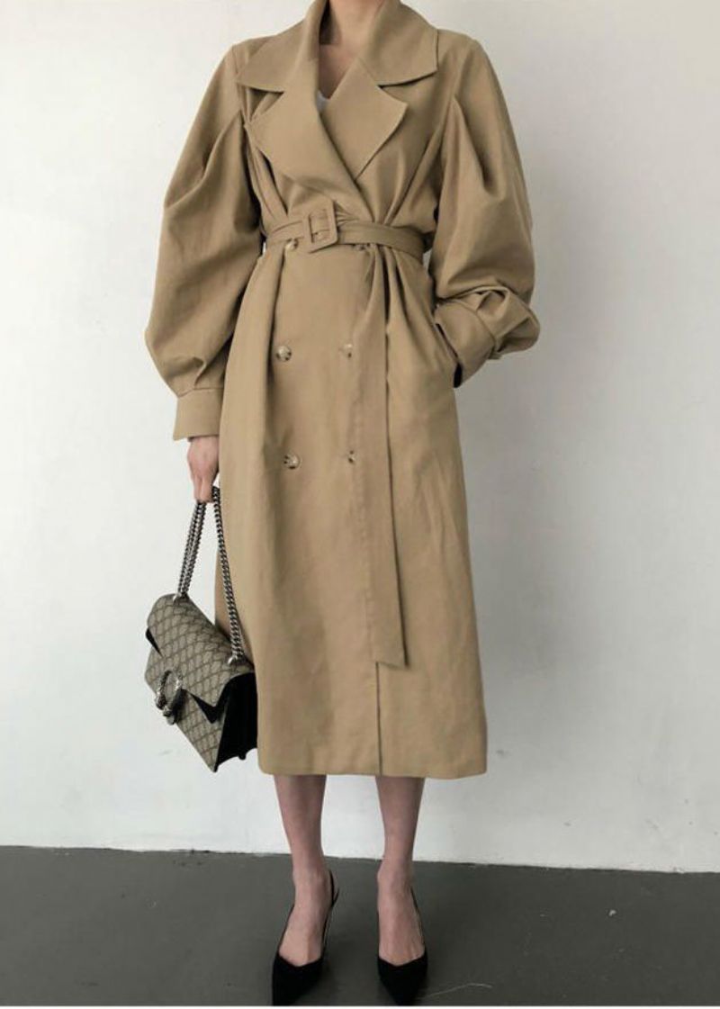 Franse Kaki Oversized Katoenen Trenchcoats Met Dubbele Rij Knopen Lente - Dames trenchcoats