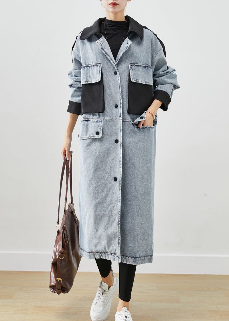 Franse Lichtblauwe Peter Pan Kraag Patchwork Zakken Denim Jassen Herfst - Dames trenchcoats