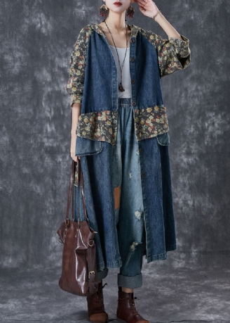 Franse Marineblauwe Oversized Denim Trenchcoats Met Patchworkprint Herfst