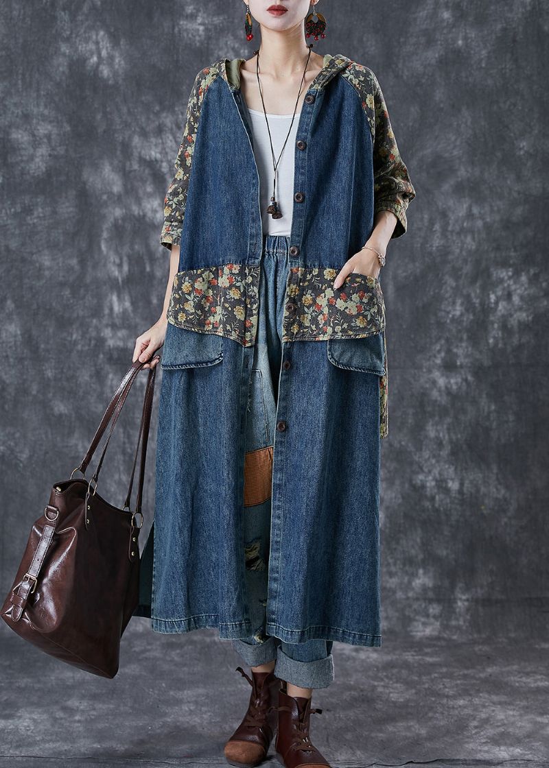 Franse Marineblauwe Oversized Denim Trenchcoats Met Patchworkprint Herfst - Dames trenchcoats