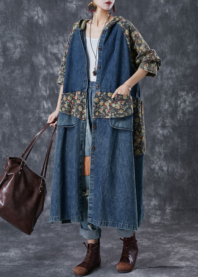 Franse Marineblauwe Oversized Denim Trenchcoats Met Patchworkprint Herfst - Dames trenchcoats