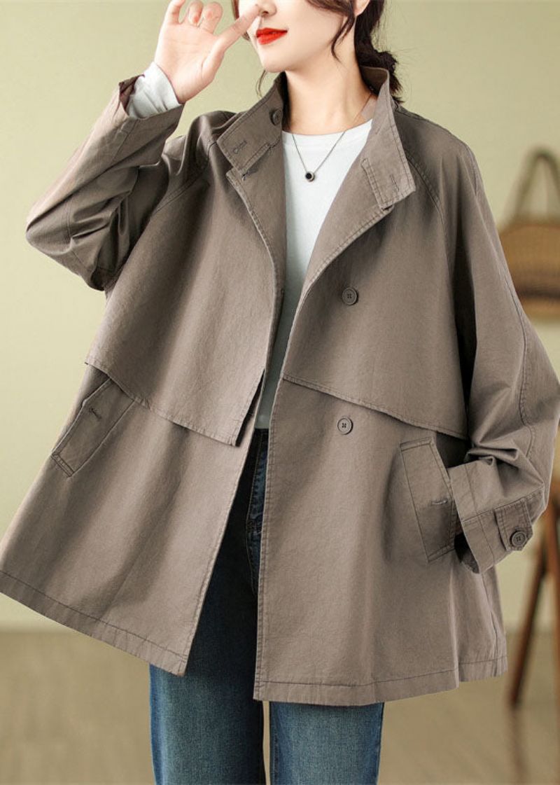 Franse Mokka Opstaande Kraag Patchwork Zakken Knoop Trenchcoat Herfst