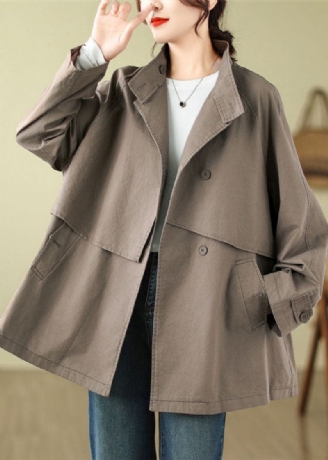 Franse Mokka Opstaande Kraag Patchwork Zakken Knoop Trenchcoat Herfst