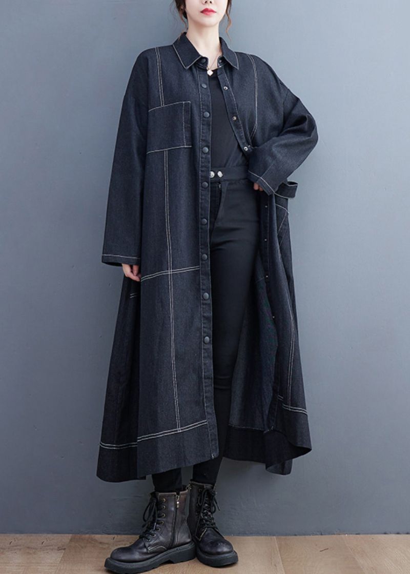 Franse Zwarte Knoopzakken Denim Lange Trenchcoat Herfst