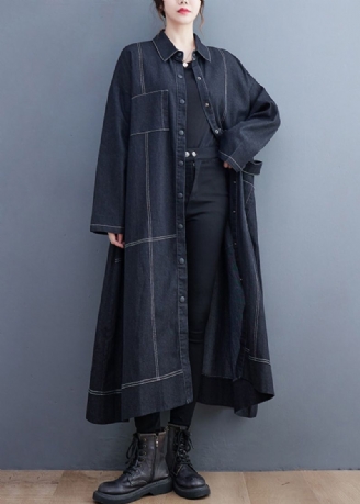 Franse Zwarte Knoopzakken Denim Lange Trenchcoat Herfst