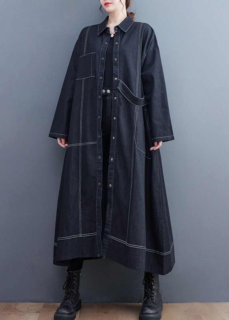 Franse Zwarte Knoopzakken Denim Lange Trenchcoat Herfst - Dames trenchcoats