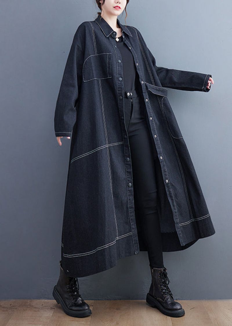 Franse Zwarte Knoopzakken Denim Lange Trenchcoat Herfst - Dames trenchcoats