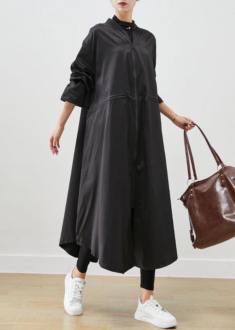 Franse Zwarte Oversized Spandex Trenchcoat Met Trekkoord