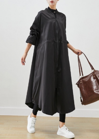 Franse Zwarte Oversized Spandex Trenchcoat Met Trekkoord