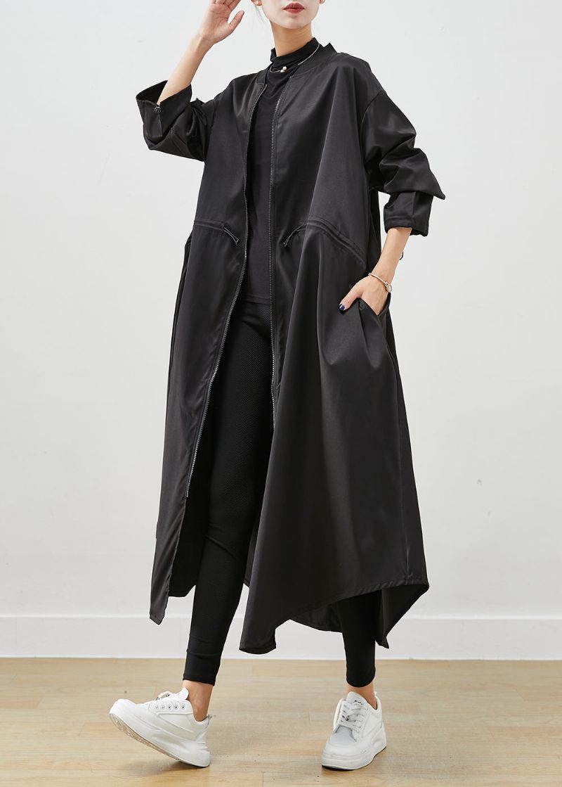 Franse Zwarte Oversized Spandex Trenchcoat Met Trekkoord - Dames trenchcoats