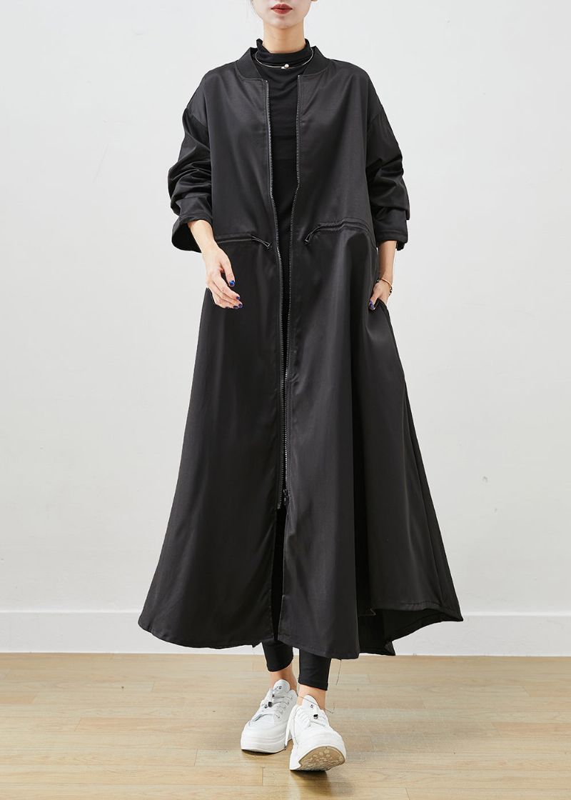 Franse Zwarte Oversized Spandex Trenchcoat Met Trekkoord - Dames trenchcoats