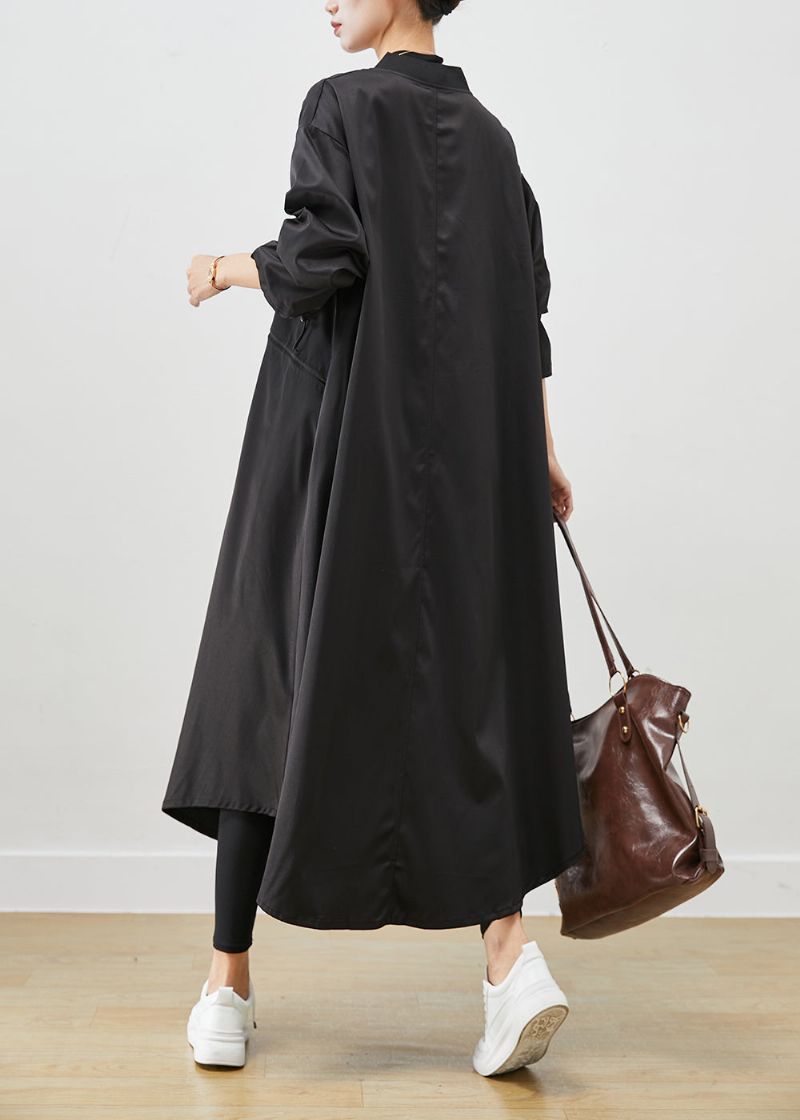 Franse Zwarte Oversized Spandex Trenchcoat Met Trekkoord - Dames trenchcoats