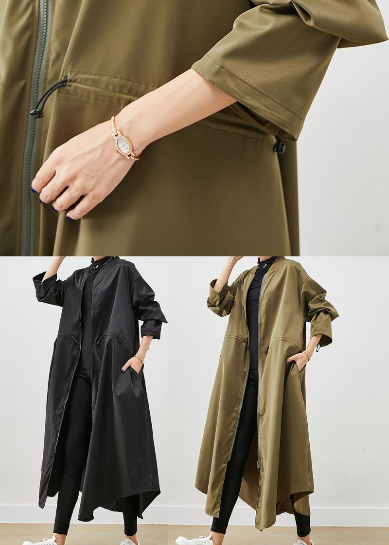 Franse Zwarte Oversized Spandex Trenchcoat Met Trekkoord - Dames trenchcoats