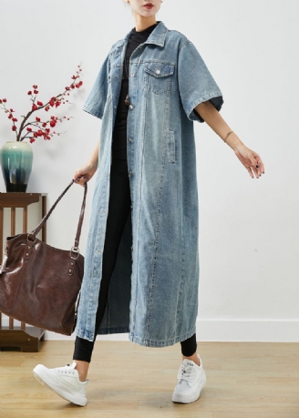 French Denim Blue Oversized Zakken Katoenen Trench Korte Mouw