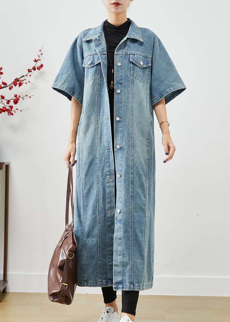 French Denim Blue Oversized Zakken Katoenen Trench Korte Mouw - Dames trenchcoats