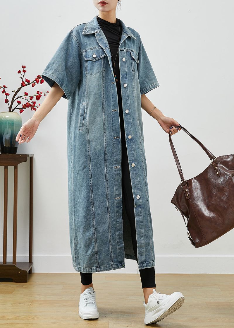 French Denim Blue Oversized Zakken Katoenen Trench Korte Mouw - Dames trenchcoats