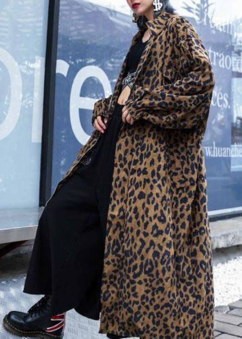 French Leopard Plus Size Trenchcoat Gifts Herfstjas Met Ritssluiting - Zwart