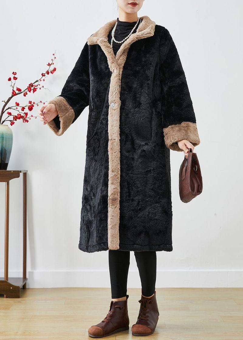 Getailleerd Zwart Oversized Patchwork Dik Pluizig Bont Jack Herfst - Dames trenchcoats