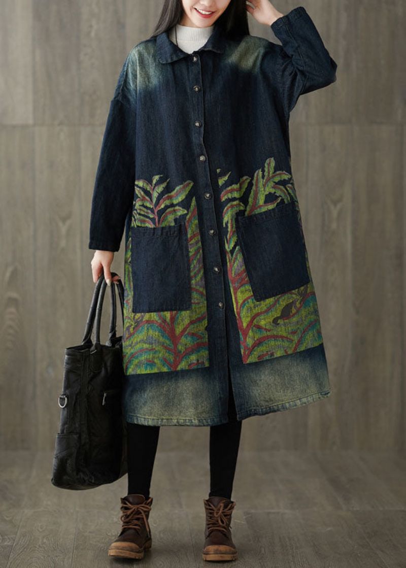 Getailleerde Marineblauwe Peter Pan-kraag Zakken Print Denim Trench Spring - Dames trenchcoats