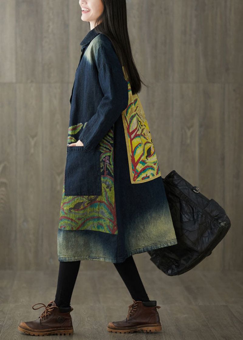 Getailleerde Marineblauwe Peter Pan-kraag Zakken Print Denim Trench Spring - Dames trenchcoats