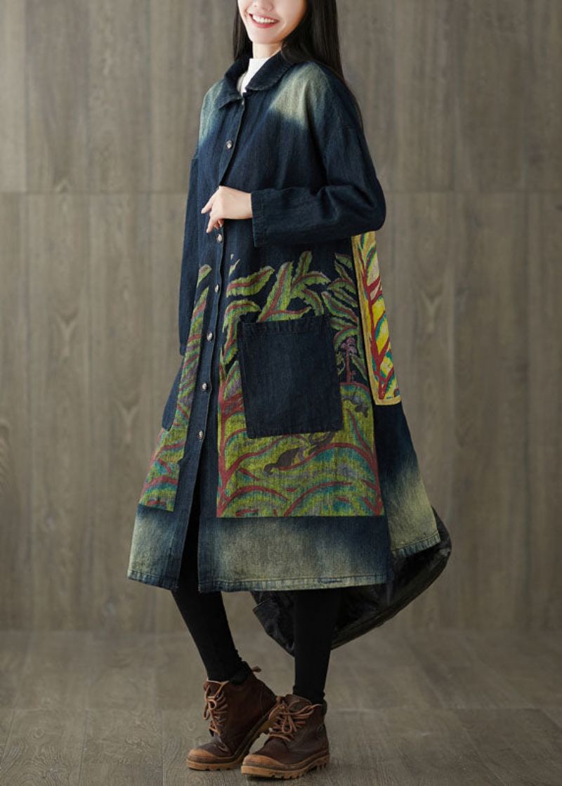 Getailleerde Marineblauwe Peter Pan-kraag Zakken Print Denim Trench Spring - Dames trenchcoats