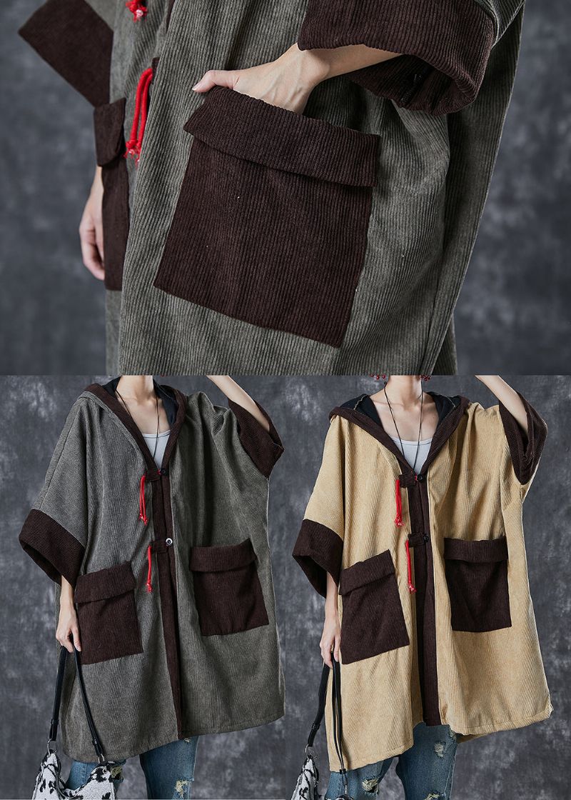 Grijs Patchwork Warme Fleece Corduroy Geul Capuchon Zakken Lente - Dames trenchcoats