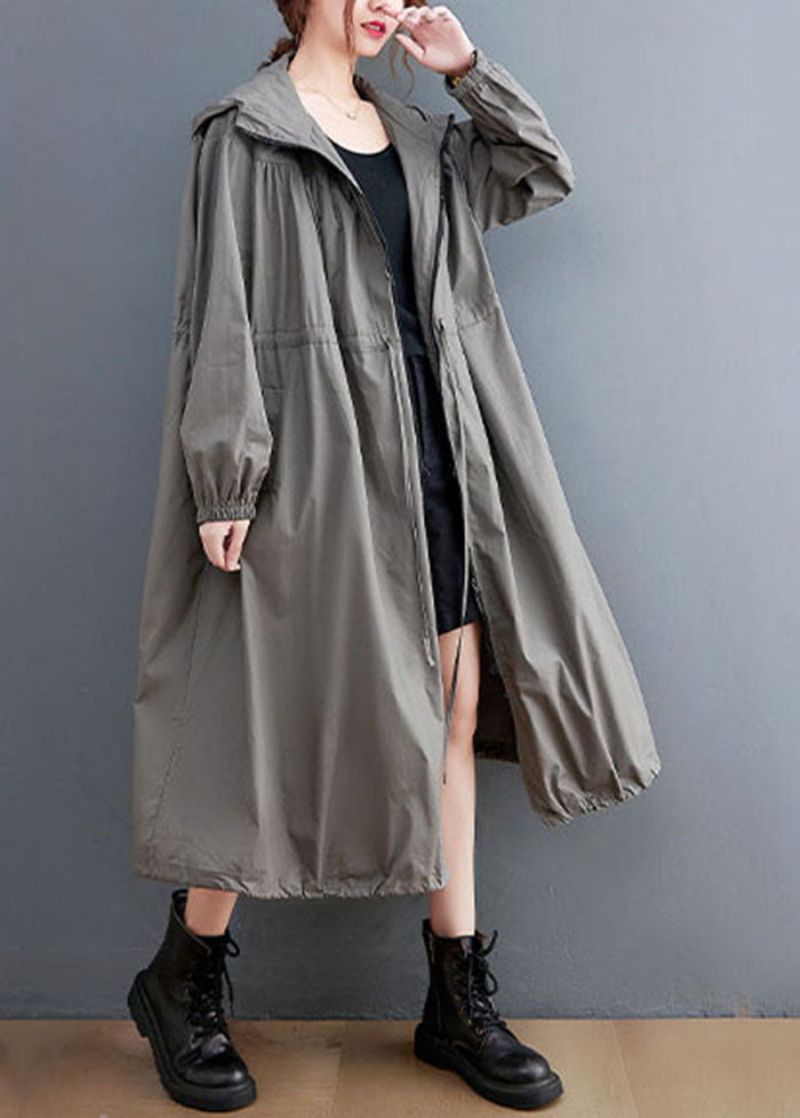 Grijze Oversized Katoenen Trenchcoat Met Trekkoord En Capuchon Lente