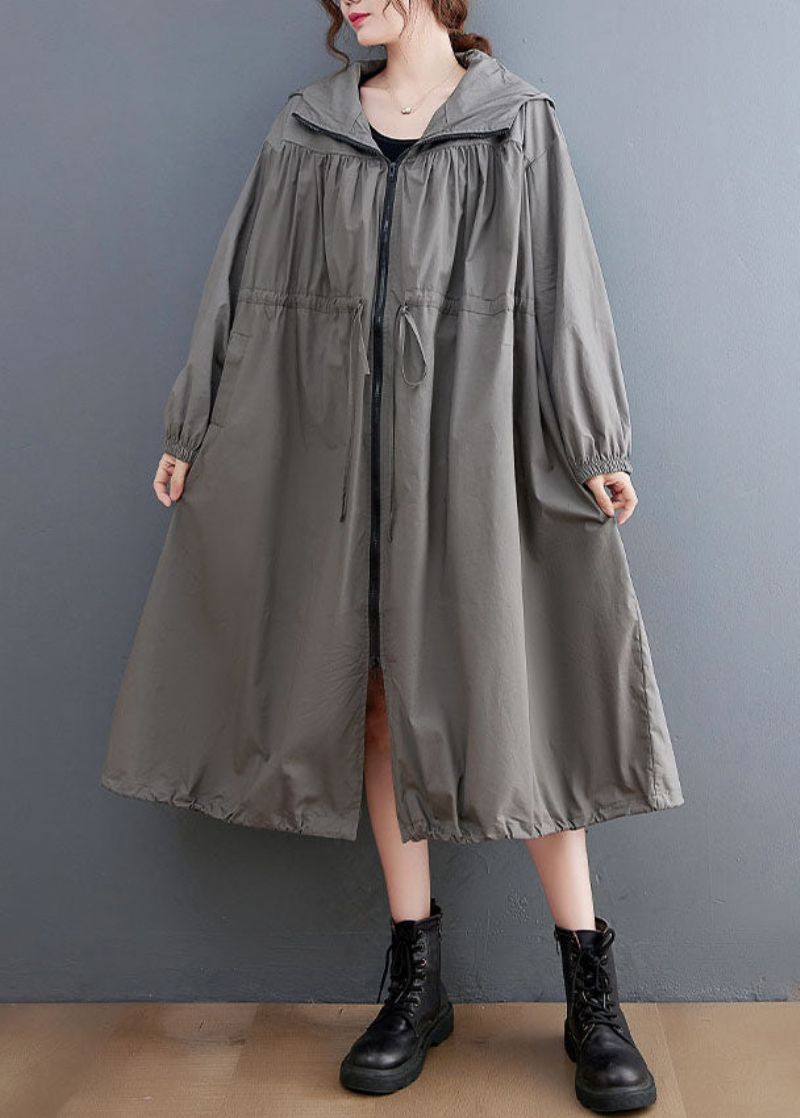 Grijze Oversized Katoenen Trenchcoat Met Trekkoord En Capuchon Lente - Dames trenchcoats