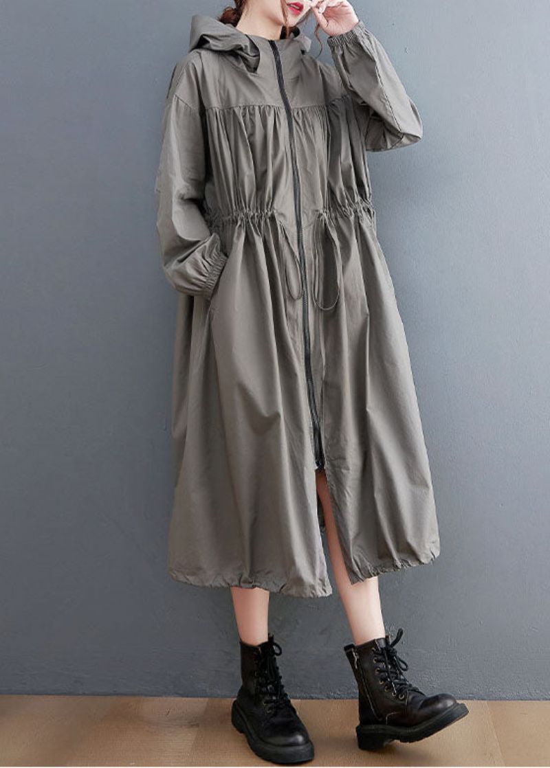 Grijze Oversized Katoenen Trenchcoat Met Trekkoord En Capuchon Lente - Dames trenchcoats