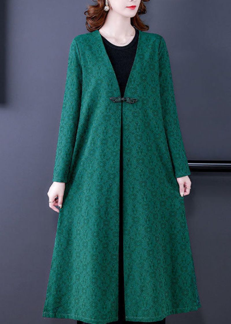 Groene Jacquard Zijden Trenchcoats Met V-hals Oosterse Lange Mouwen - Groen