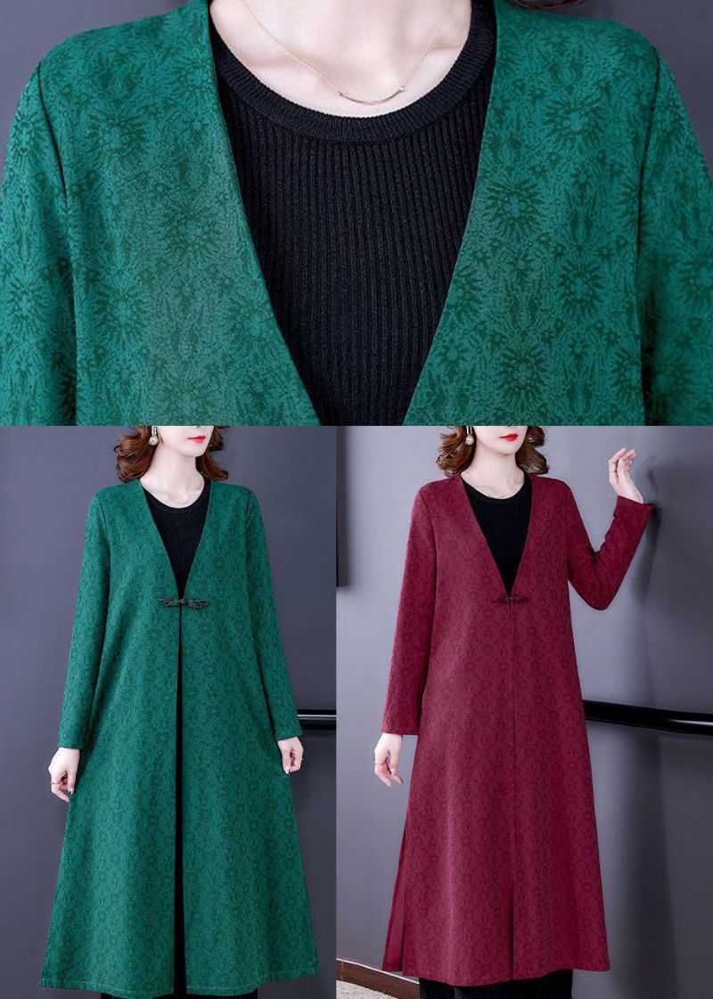 Groene Jacquard Zijden Trenchcoats Met V-hals Oosterse Lange Mouwen - Groen