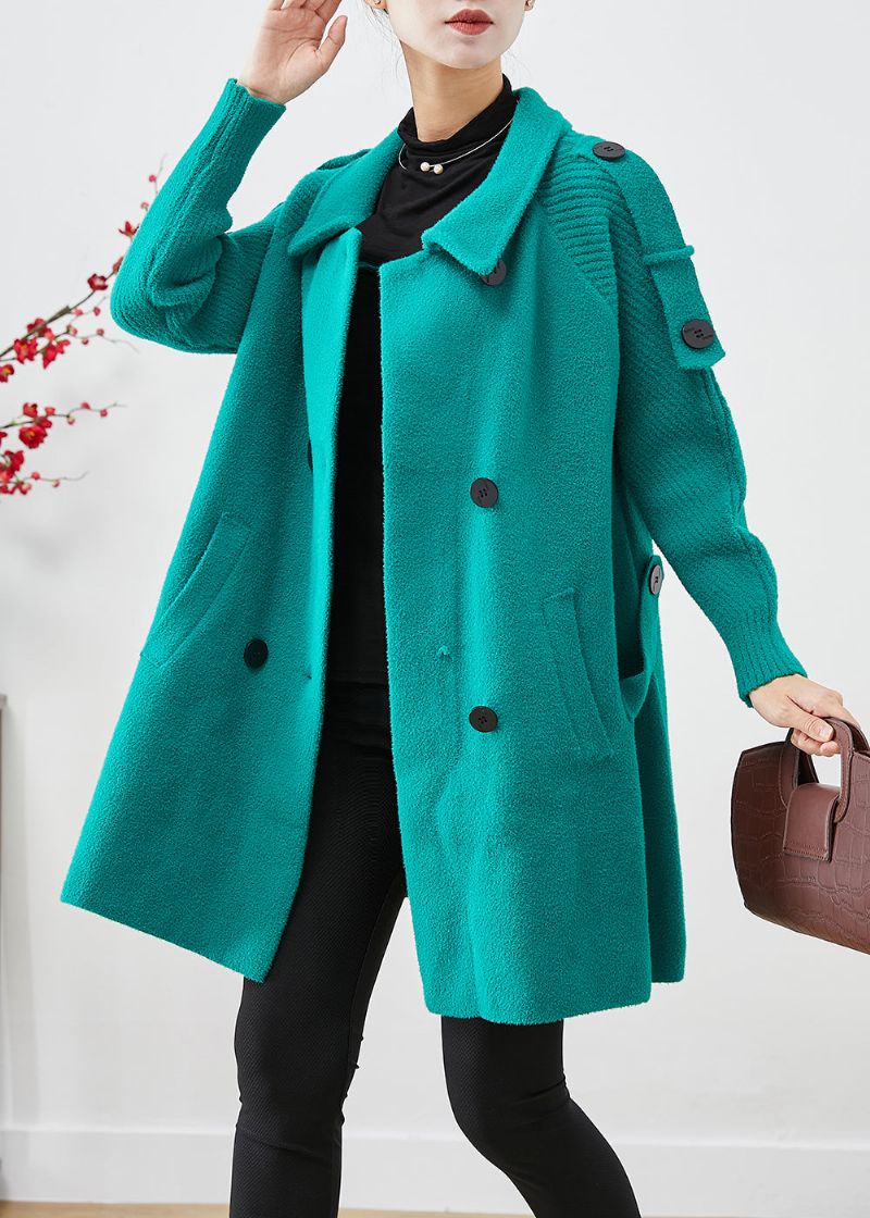 Groene Patchwork Wollen Trenchcoat Oversized Dubbele Borst Herfst - Dames trenchcoats