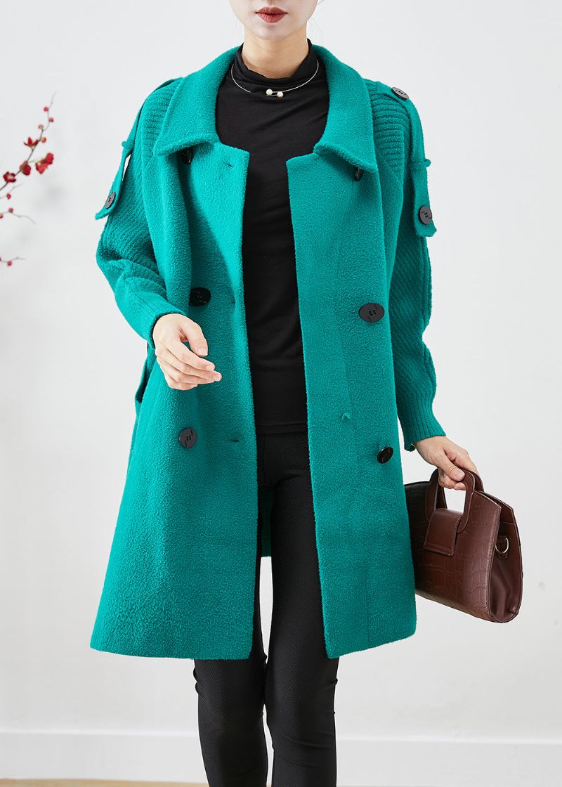 Groene Patchwork Wollen Trenchcoat Oversized Dubbele Borst Herfst - Dames trenchcoats